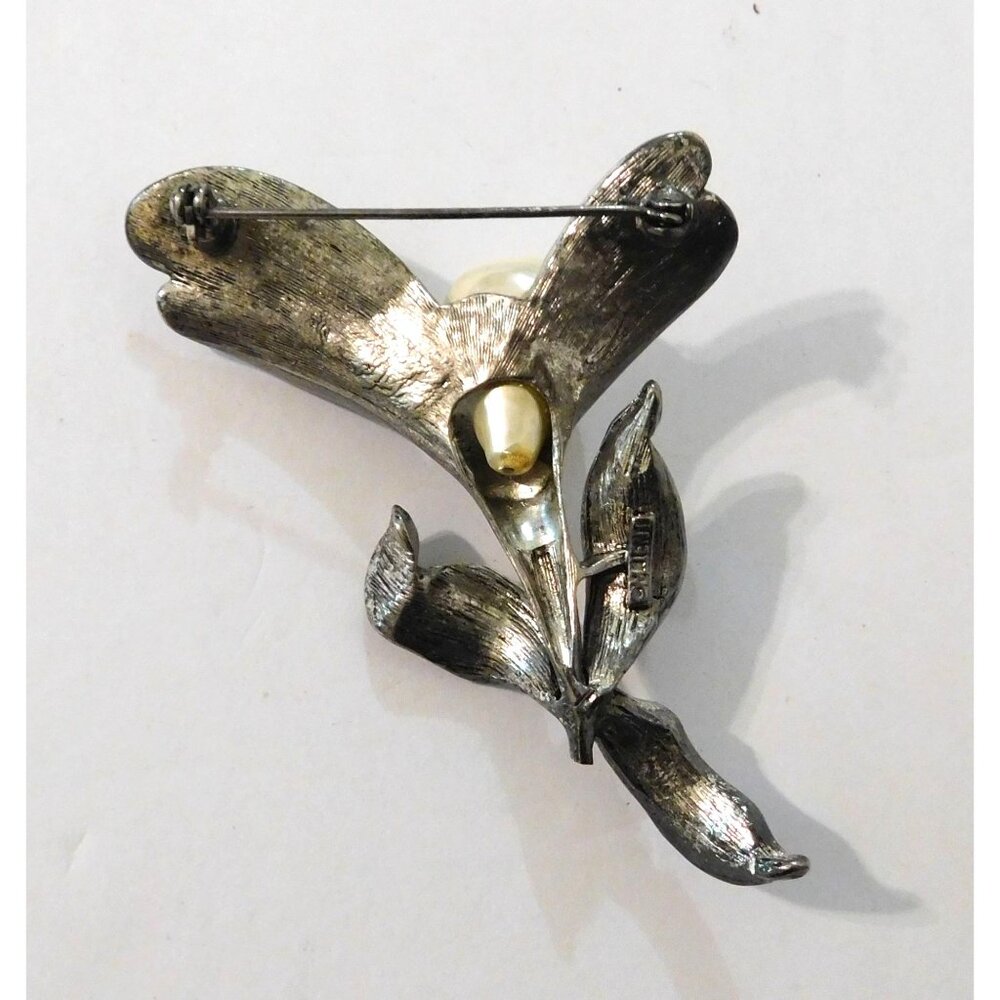 Vintage Floral Brooch Faux Pearl Accent Silver Tone  3" X 2.5" - Picture 5 of 6